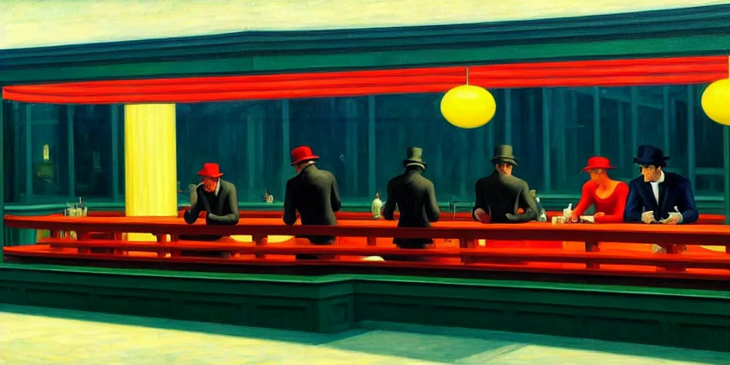 Prompt: painting nighthawks by edward hopper with jim carrey!!