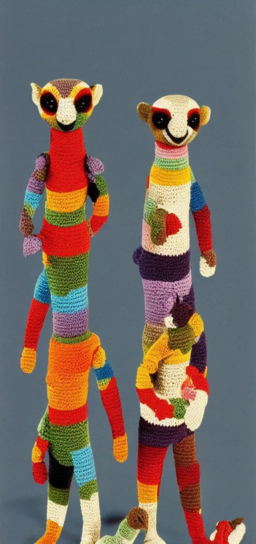 Prompt: multicolored crocheted meerkats, 1 9 8 0 s catalogue photo