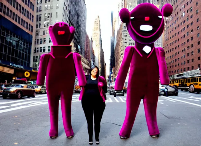 Prompt: Giant velvet and fleece puppet on the streets of New York City