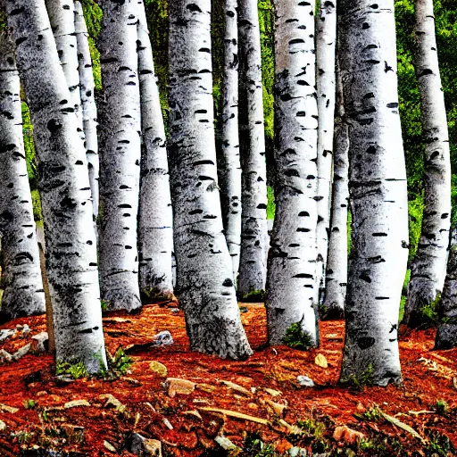 Image similar to Silver birch trees by chunks of bedrock on the side of a hill, digital art, postcard