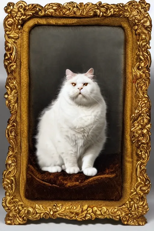 Image similar to a magnificent tintype portrait of a fluffy fat cat on an embroidered velvet cushion on a neo - rococo gilded little bed with precious stones, ball of yarns all around, photorealistic, photography, wide shot