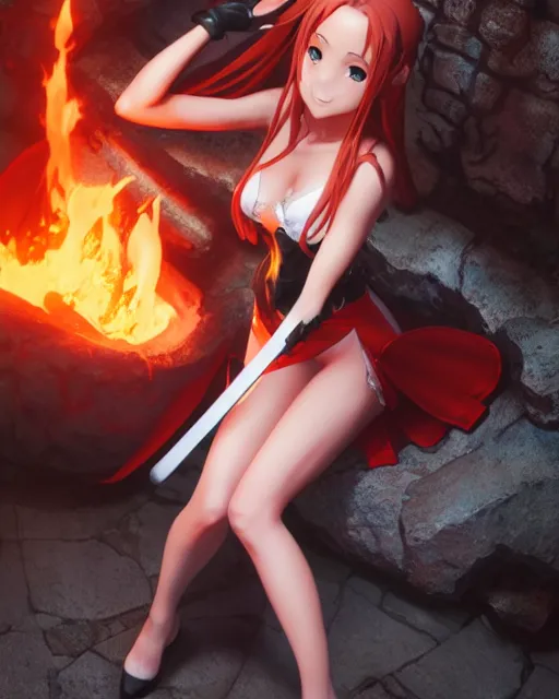 Image similar to pinup photo of asuna from sao in flame dungeon, asuna by a - 1 pictures, by greg rutkowski, gil elvgren, enoch bolles, glossy skin, pearlescent, anime, very coherent, maxim magazine, 3 d, vray, unreal 5, octave rendey, maya