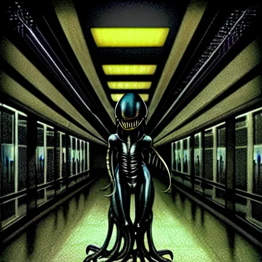 Image similar to black glossy xenomorph, alien movie, endless empty office building, pale yellow wallpaper, moist brown carpet, dim fluorescent lighting, artstation, ultra detailed, creepy, dramatic lighting, photorealistic, art by h. r. giger