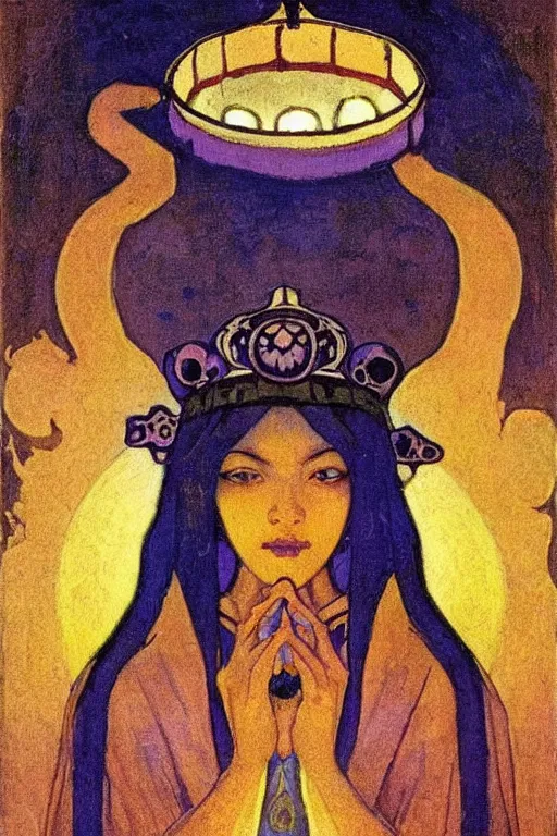 Image similar to child of darkness with their crown and lantern, by Nicholas Roerich and Annie Swynnerton and and Ivan Bilibin, dramatic cinematic lighting , ornate headdress , flowing robes, sacred artifacts, lost civilizations, smooth, sharp focus, extremely detailed