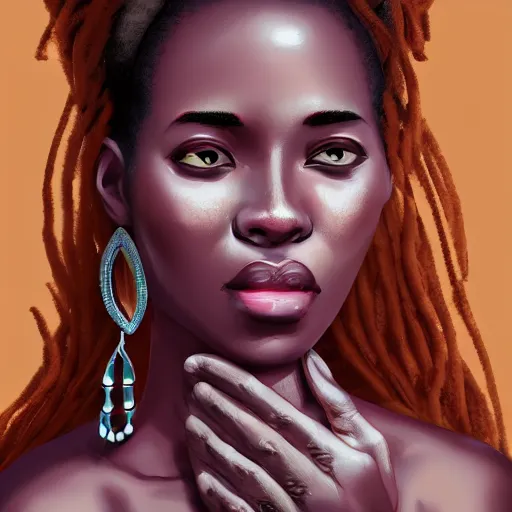 Image similar to a beautiful african woman meditating on a rock, beautiful face, pretty face, trending on artstation, digital art,