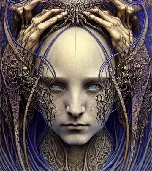 Prompt: detailed realistic beautiful young medieval alien robot grimez face portrait by jean delville, gustave dore and marco mazzoni, art nouveau, symbolist, visionary, gothic, pre - raphaelite. horizontal symmetry by zdzisław beksinski, iris van herpen, raymond swanland and alphonse mucha. highly detailed, hyper - real, beautiful