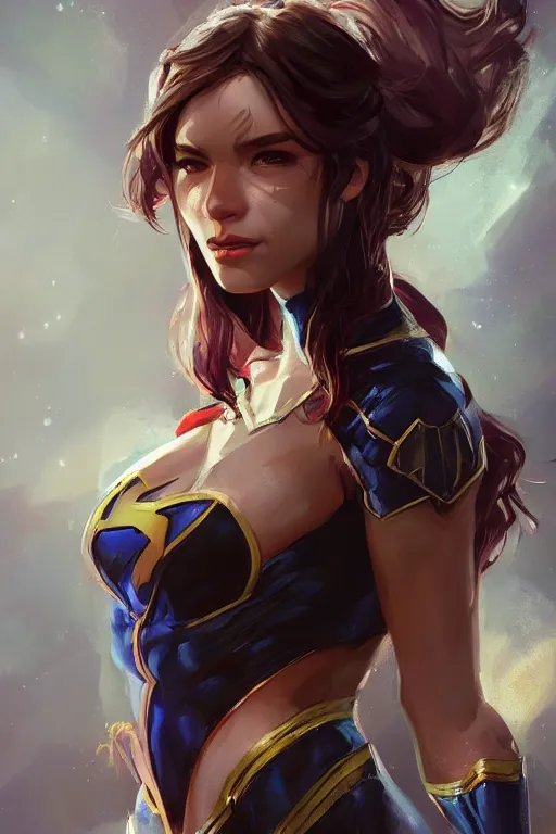 Image similar to three quarters portrait pose of a beautiful woman,super hero costume,super powers,heroic pose,highly detailed, digital painting, artstation,illustration, art by Stanley Lau