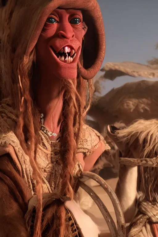 Image similar to film still of jar jar binks as a female cowgirl, long eyeslashes, big juicy lips, big seductive eyes, dramatic cinematic lighting, dolce & gabbana campaign, shot by mario testino, realistic vfx simulation, 4 k