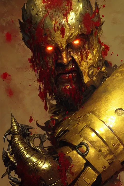 Prompt: brass metal gauntlet close up, pool of blood, portrait dnd, painting by gaston bussiere, craig mullins, greg rutkowski, yoji shinkawa