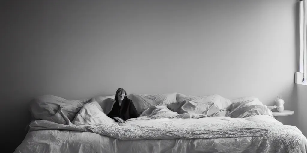 Image similar to in a quiet bedroom, photography of a very beautiful short-haired woman sit on a bed