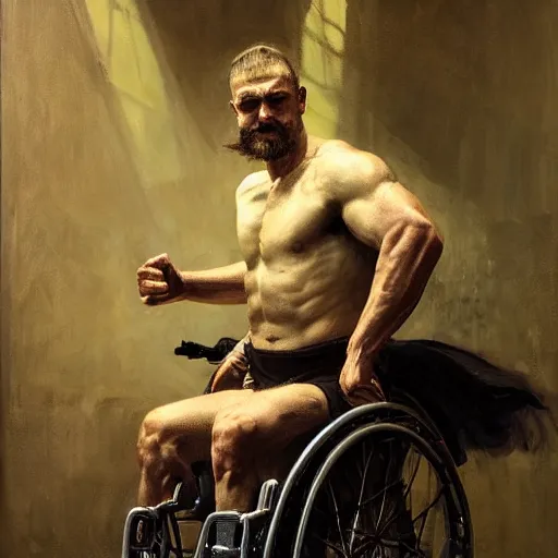 Prompt: handsome portrait of a wheelchair guy fitness posing, radiant light, caustics, war hero, one legged amputee, by gaston bussiere, bayard wu, greg rutkowski, giger, maxim verehin