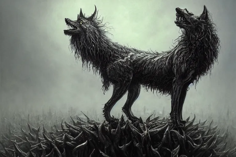 Image similar to Haunting horrifying hyperrealistic detailed painting of a demonic hellhound wolf creature sitting atop a giant throne of spikes in a foggy hellscape, dystopian feel, heavy metal, disgusting, creepy, unsettling, in the style of Michael Whelan and Zdzisław Beksiński, lovecraftian, hyper detailed, trending on Artstation