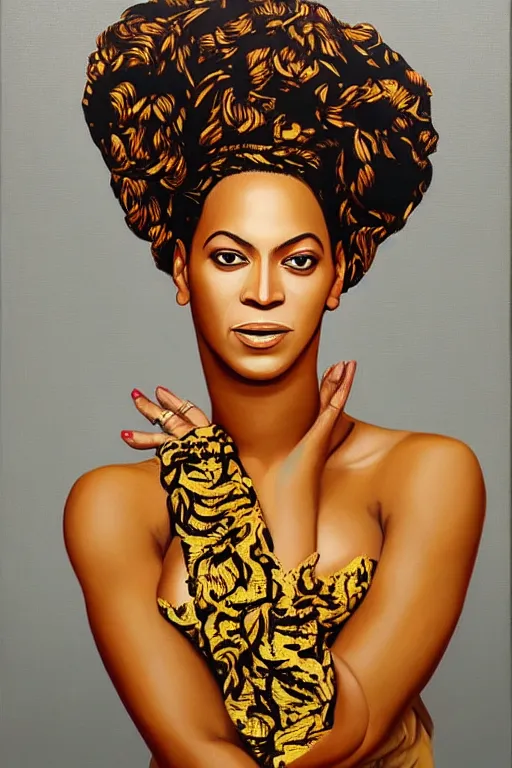 Prompt: Beyonce, portrait by Kehinde Wiley!!, oil paint on canvas, brushstrokes,