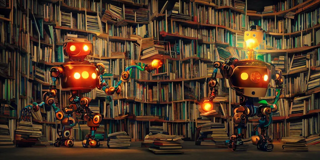 Image similar to A frightening multi armed evil robot devouring books with pipes and tubes and pages floating down, hyperealistic very colourful hdr cinematic lighting cgi render photorealistic cinematic octane render