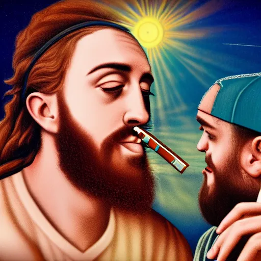 Image similar to an ultra detailed picture portrait of Mac Miller and Jesus smoking a joint in heaven, 8k, photorealistic,