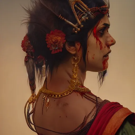 Prompt: portrait painting of a bloodied indian female butcher from behind, ultra realistic, concept art, intricate details, eerie, highly detailed, photorealistic, octane render, 8 k, unreal engine. art by artgerm and greg rutkowski and alphonse mucha