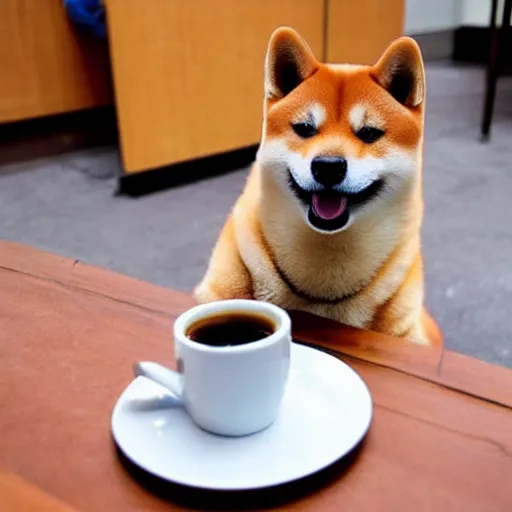 Image similar to a Shiba inu drinking coffee like a gentleman, realistic