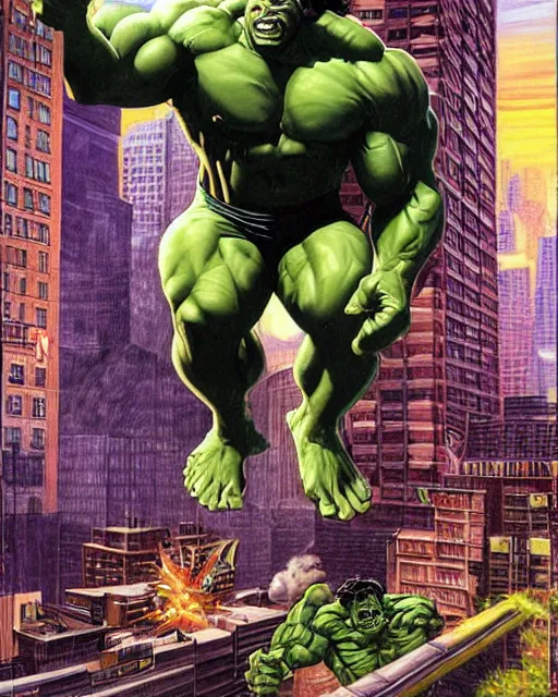 Image similar to a moody painting of the incredible hulk looking angry as he bursts through a wall at noon in a city by joe jusko.