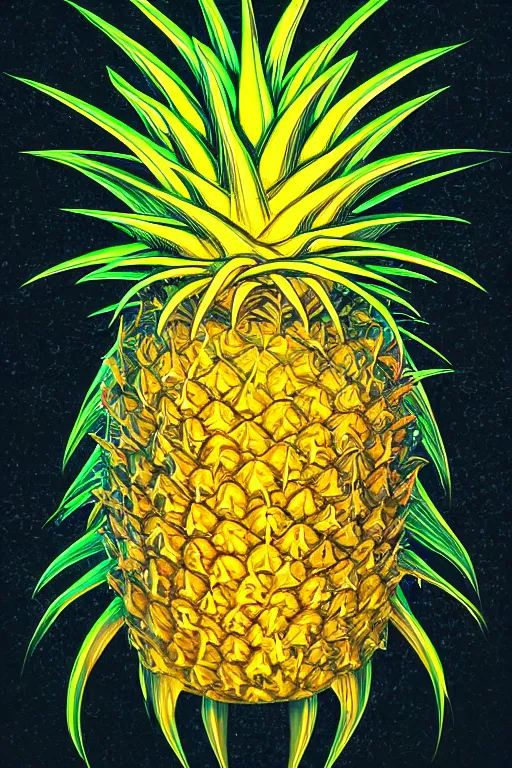 Image similar to glowing luminescent pineapple humanoid figure monster, symmetrical, highly detailed, digital art, sharp focus, trending on art station, amber eyes, autumnal colours