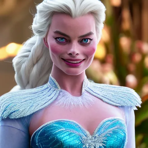 Image similar to Margot Robbie as Elsa in disney frozen live action, 8k full HD photo, cinematic lighting, anatomically correct, oscar award winning, action filled, correct eye placement,