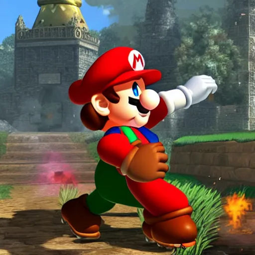 Prompt: Mario in firelink shrine