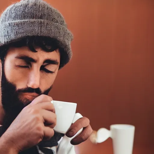 Image similar to a man drinking coffee except his eyes are missing