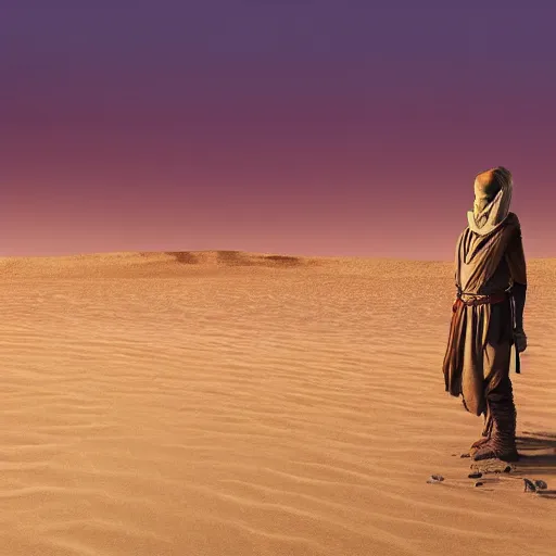 Image similar to man wearing tan turban in the desert Tusken Raider Dune (2021) Witch-king of Angmar. Desert twilight purple sunset beautiful art by Roger Deakins Jeremy Saulnier Newton Thomas Sigel Robert Elswit Greig Fraser trending rtx on ue5