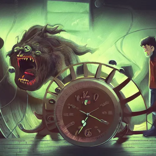 Image similar to a detailed illustration of a monster shaped like an alarm clock snarling while a man cowers at its feet. concept art painting. trending. award-winning illustrator