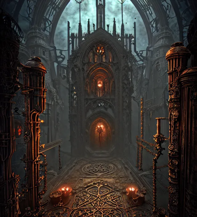 Image similar to steam necropolis, memento mori, gothic, neo - gothic, art nouveau, hyperdetailed copper patina medieval icon, stefan morrell, philippe druillet, ralph mcquarrie, concept art, steampunk, unreal engine, detailed intricate environment, octane render, moody atmospherics, volumetric lighting, ultrasharp, ominous, otherworldly