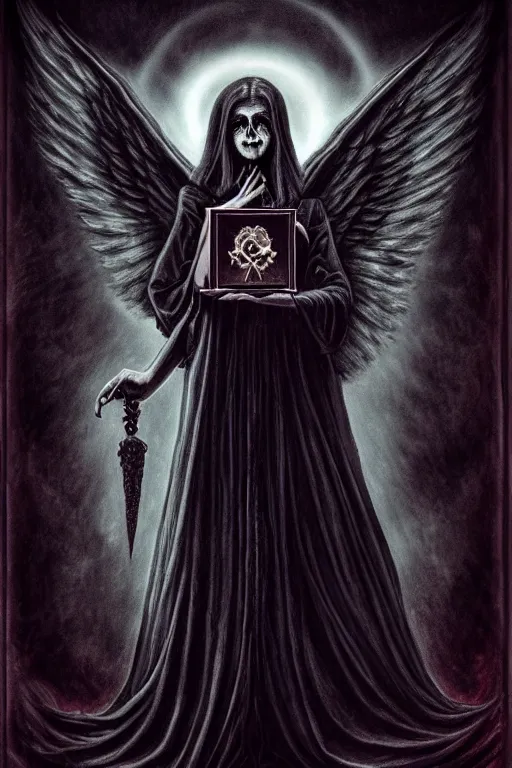 Image similar to dark angel holding a book of necronomicon, tarot card, symmetrical, cinematic, sharp focus, 4 k, ultra hd, sense of awe, sinister demonic atmosphere, dreadful, forbidden knowledge, old gods. demonology