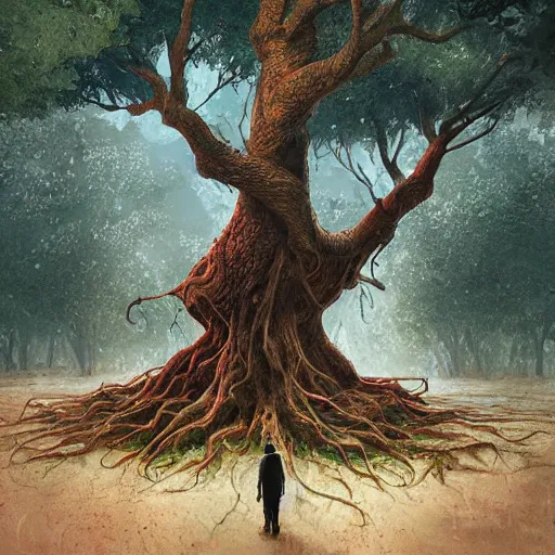 Prompt: A man standing under a huge tree with intertwined roots by Marc Simonetti