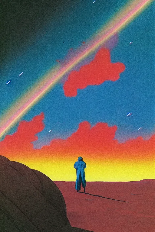 Prompt: flecks of an ultra-vibrant scifi apocalypse in space, dreaming psychedelic hallucinations in cosmos, rainbow colored clouds, a man flies in the sky, by kawase hasui, moebius, Edward Hopper and James Gilleard, Zdzislaw Beksinski, Steven Outram, hd, 8k, artstation