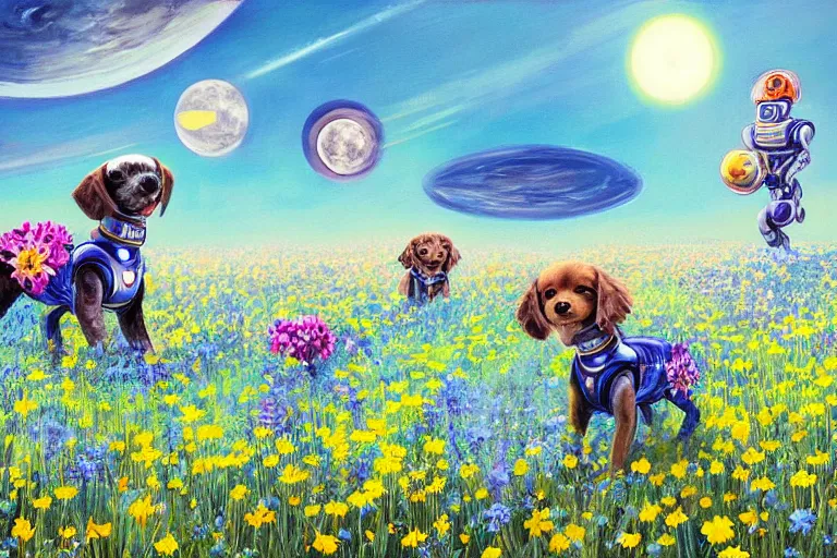 Prompt: beautiful painting ( ( robot dogs ) ) playing in a stunning field of flowers, blue sky, huge multiple moons by phil foglio and vincent dutrait, trending on artstation, hdr