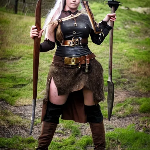 Image similar to full shot photo of a real-life steampunk female viking with an axe