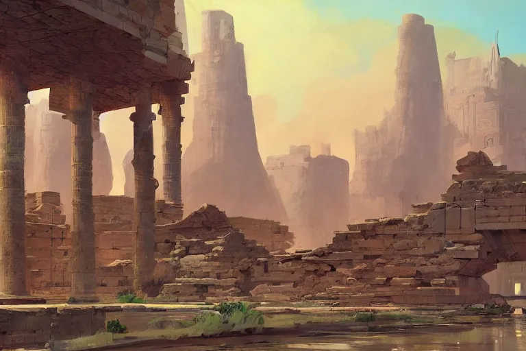Prompt: an architectural painting of the ruins of an archaic city of ancient persia floating in the sky by syd mead and frazetta and james gilleard in the style of hugh ferriss, ancient persian architecture by hugh ferriss and peter mohrbacher