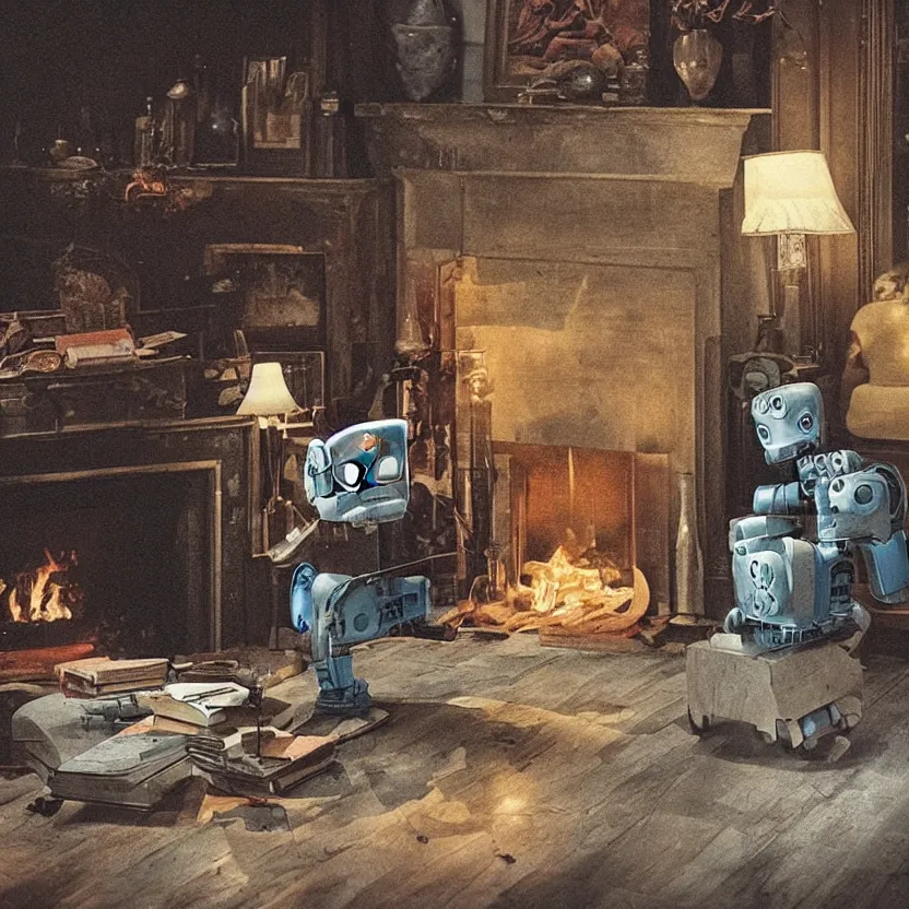 Image similar to “a lonely robot reads a book near a fireplace in a Victorian home., IMAX 70mm footage”