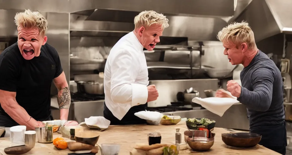 Image similar to photo of angry furious Gordon Ramsay punching Gordon Ramsay at the kitchen