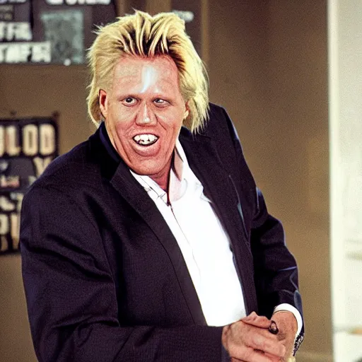 Image similar to gary busey, dirty in his face, wearing a messed up business suit