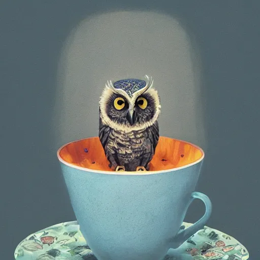 Image similar to long shot of a very cute owl chick sitting inside a very beautiful cup, by esao andrews, by james jean, marc simonetti, by victo ngai, humorous illustration, hyperrealistic, big depth of field, fresh colors, dim light, 3 d octane render conceptart, 4 k, hyperdetailed, trending on artstation