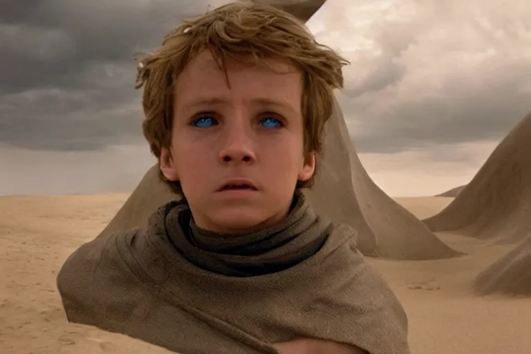 Image similar to a cinematic wide angle shot of a boy in the movie dune, stormy weather, dry, film still, cinematic, movie still, dramatic lighting, by zack snyder