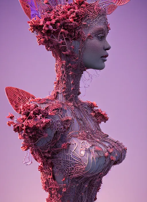 Prompt: hyper detailed 3d render like a sculpture - profile subsurface scattering (a beautiful fae princess protective playful expressive from that looks like a borg queen wearing a sundress made of flowers) seen red carpet photoshoot in UVIVF posing in caustic light pattern pool of water to Eat bite of the Strangling network of yellowcake aerochrome and milky Fruit and His delicate Hands hold of gossamer polyp blossoms bring iridescent fungal flowers whose spores black the foolish stars by Jacek Yerka, Ilya Kuvshinov, Mariusz Lewandowski, Houdini algorithmic generative render, golen ratio, Abstract brush strokes, Masterpiece, Victor Nizovtsev and James Gilleard, Zdzislaw Beksinski, Tom Whalen, Mark Ryden, Wolfgang Lettl, hints of Yayoi Kasuma and Dr. Seuss, Grant Wood, octane render, 8k, maxwell render, siggraph