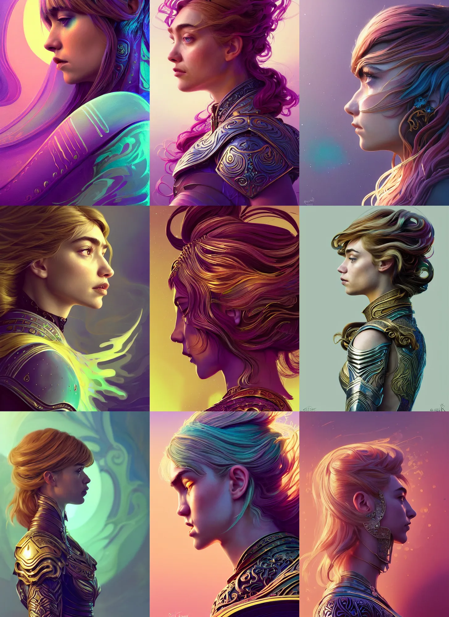 Prompt: side profile painted portrait, imogen poots as a paladin with painted armour, elden ring, gloohaven, soft luminescent glow, art nouveau, beautifully backlit, ripples, swirly vibrant color lines, fantastically gaudy, aesthetic octane render, 8 k hd, by ilya kuvshinov, cushart krentz, gilleard james