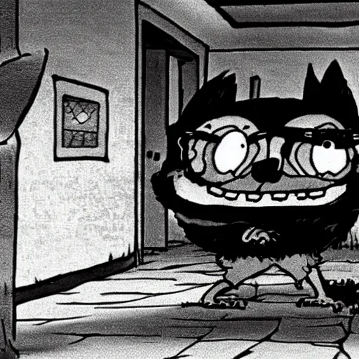 Image similar to garfield in a found footage horror movie, dark, scary