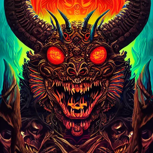 Image similar to barong family member, wiwek, mara demon, one single tribe member, jungle, one single mask, dark, ancient warrior, snake, dragon, devil, satan, diablo, evil, darkness, hell, horns, tribal, inner glow, art by dan mumford and justin gerard