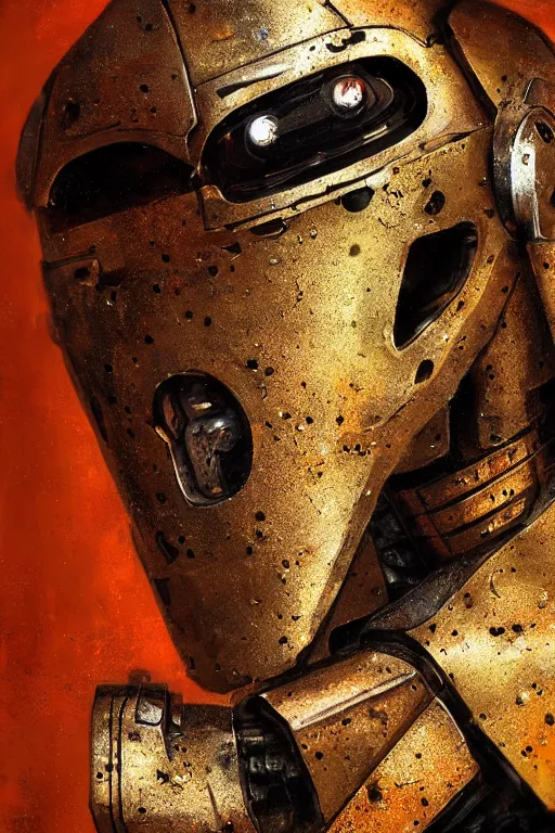 Prompt: a close-up portrait of a rusty and damaged robot, dramatic backlighting, golden hour, autochrome, high contrast, highly detailed, sharp focus, digital painting, concept art, illustration, rock, chiaroscuro, trending on artstation, art by lou romano and Steven Stahlberg