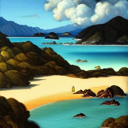 Prompt: golden bay abel tasman new zealand, rococo art style, highly detailed, highly detailed ethereal surrealist art