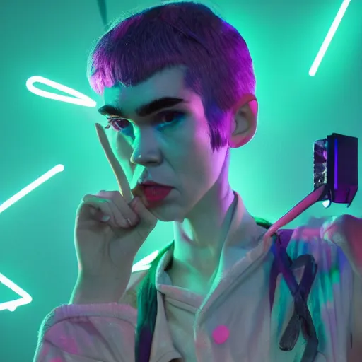 Image similar to grimes on stage djing, volumetric neon lights in the background, gleaming, 3 5 mm photography, portrait!!!!!!, trending on artstation, 4 k, 8 k, zbrush, mannerism