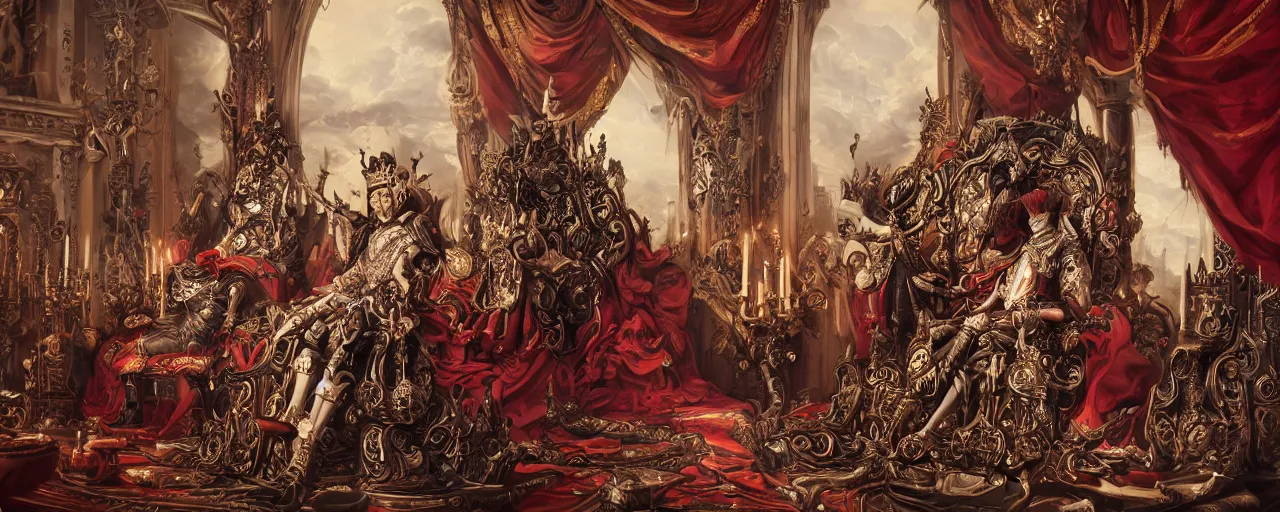 Prompt: epic, wideangle, low angle, digital painting, of a 1 7 th century, decadent, cyborg king holding court in his throne room, dark hair, piercings, amber jewels, baroque, ornate dark red opulent clothing, scifi, futuristic, realistic, hyperdetailed, concept art, art by bilal, masterpiece