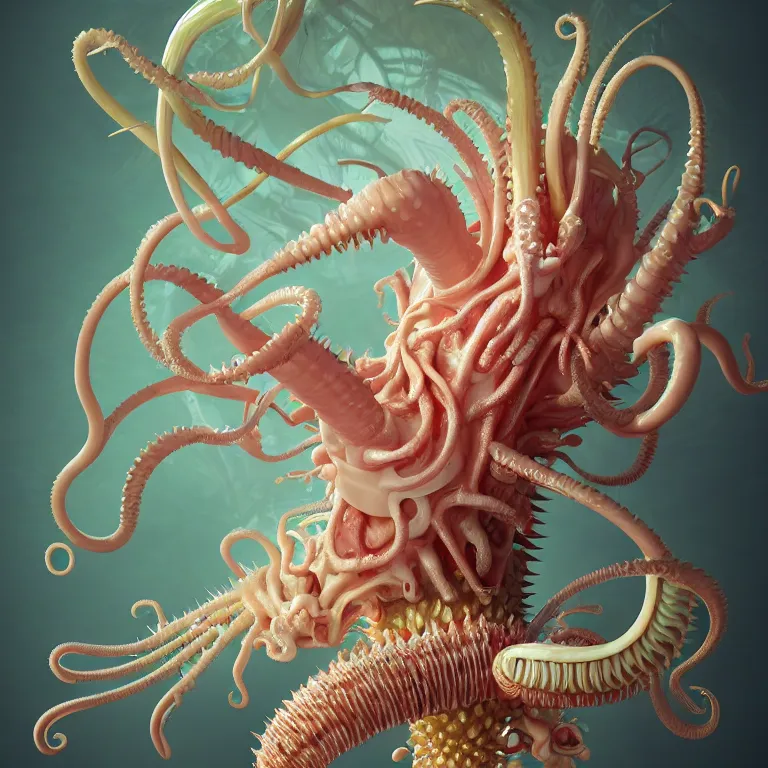 Image similar to still life of white xenomorph, beautiful pastel color tropical flowers, glossy metallic human spine, spiky tentacles, tropical fruit, human body parts, colorful mold, baroque painting, beautiful detailed intricate insanely detailed octane render, 8K artistic photography, photorealistic, perfect composition, golden ratio, chiaroscuro, Raphael, Caravaggio