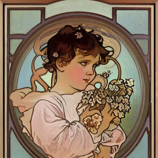 Image similar to art nouveau painting by Alphonse Mucha of a little boy with blonde hair and a round cherubic face. The painting is framed by flowers. Soft, muted colors, dreamy aesthetic.